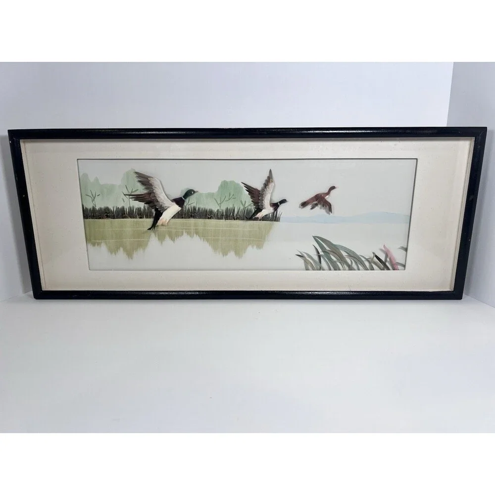 Flying Ducks Wall Decor Vintage Feather Art‎ Shadowbox 3D Framed Marshland scene